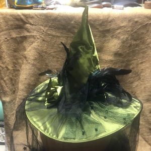 Witch Hat - Green with Feathers and Tool